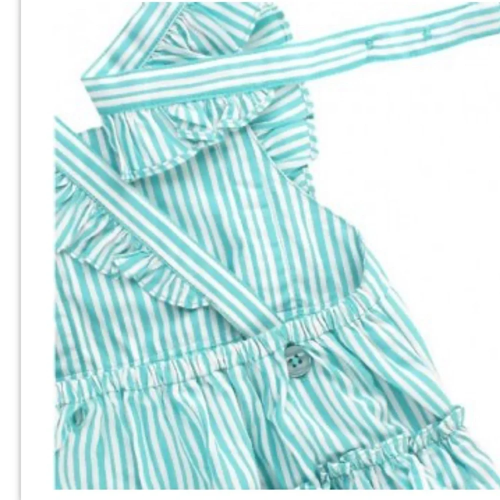 NWT Ruffle Butts Bella Aqua Blue Stripe Bubble Romper W/ Headband Sz 6-12M